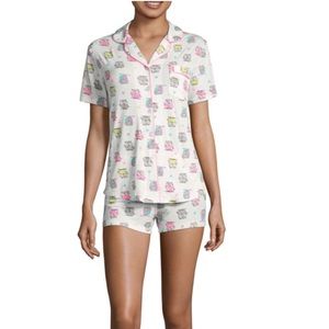 Pj Couture Ivory Owl Pink Trim Shorts Pajama Set.